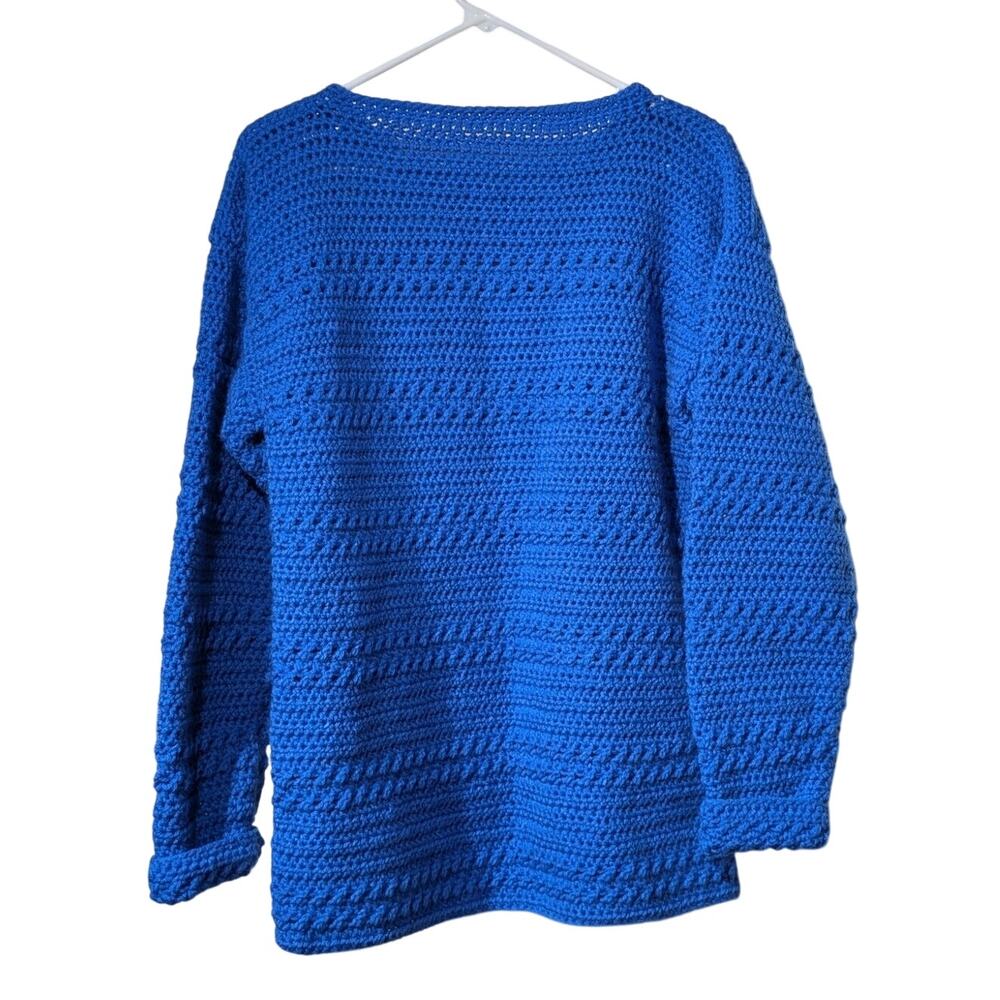Hand Made Crocheted Loose Knit Nautical Blue Crew Neck Sweater Size Approx. L - Picture 2 of 5